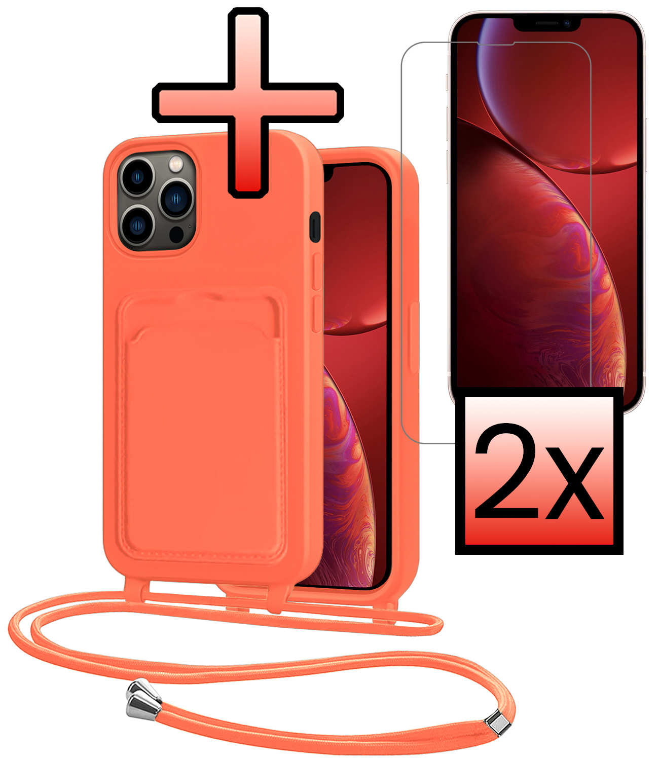 NoXx NoXx iPhone 13 Pro Hoesje Pashouder met Koord Met 2x Screenprotector - Papaya