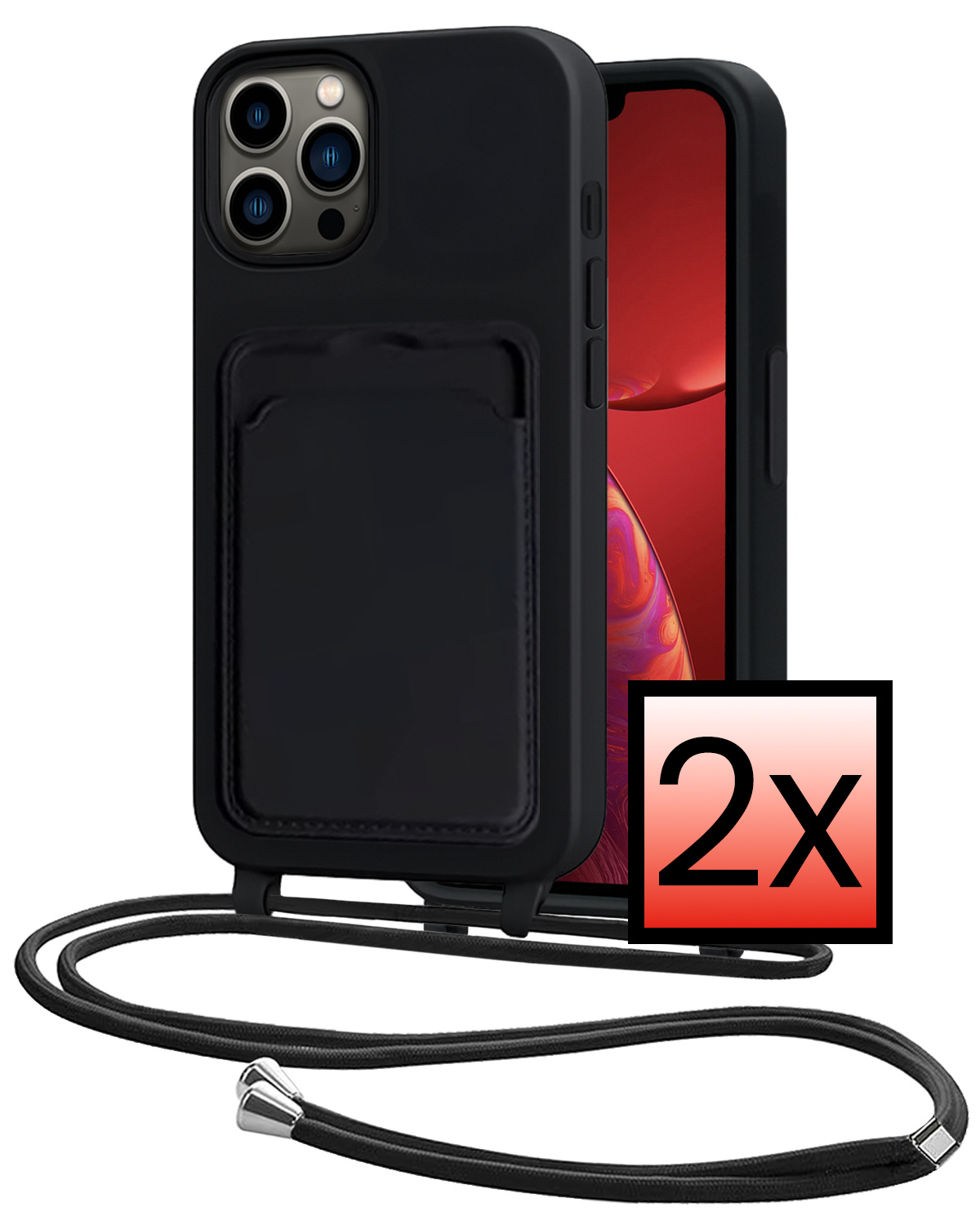 NoXx NoXx iPhone 13 Pro Hoesje Pashouder met Koord - Zwart - 2 PACK