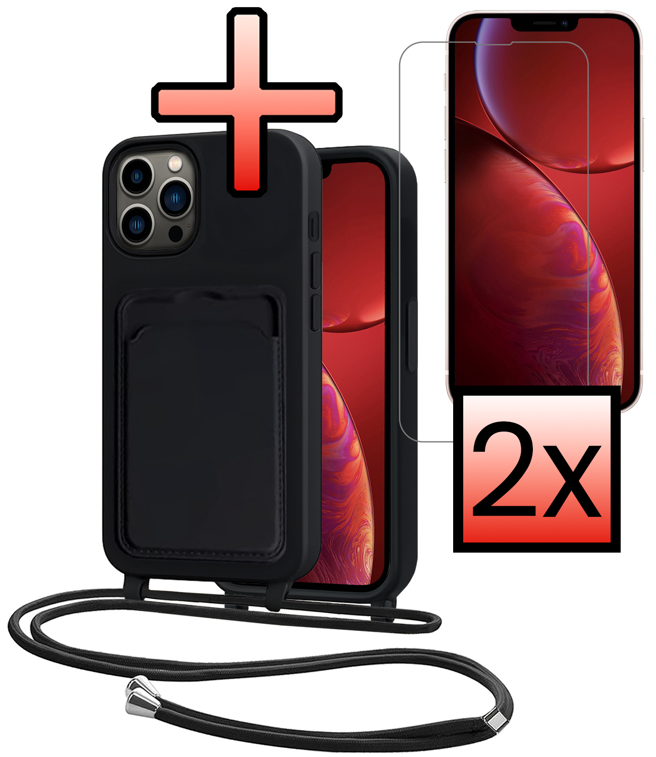 NoXx NoXx iPhone 13 Pro Hoesje Pashouder met Koord Met 2x Screenprotector - Zwart