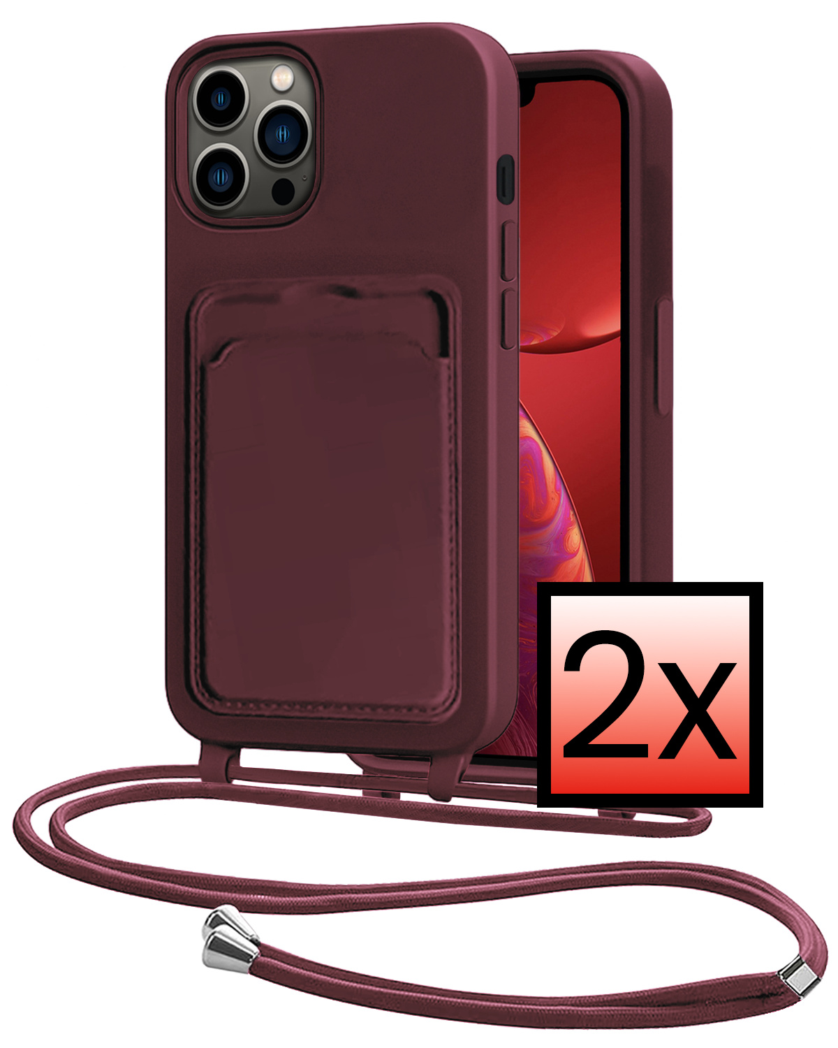NoXx NoXx iPhone 13 Pro Max Hoesje Pashouder met Koord - Aubergine - 2 PACK
