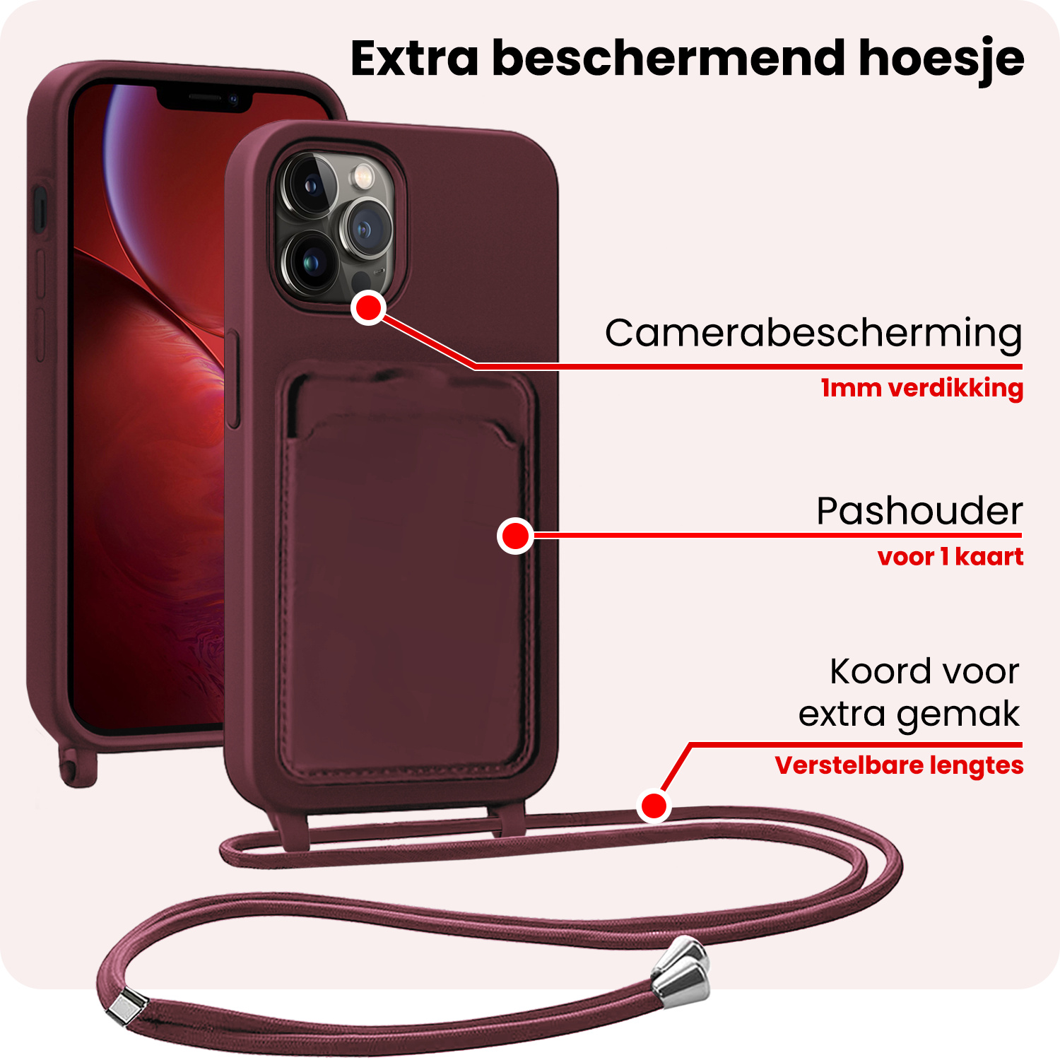 NoXx NoXx iPhone 13 Pro Max Hoesje Pashouder met Koord Met Screenprotector - Aubergine