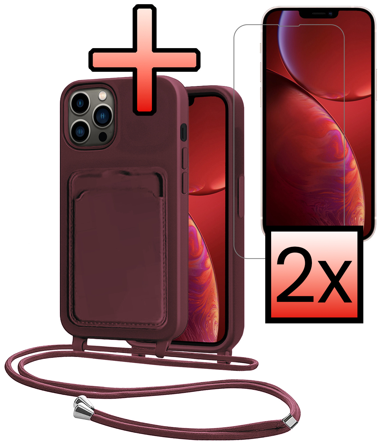 NoXx NoXx iPhone 13 Pro Max Hoesje Pashouder met Koord Met 2x Screenprotector - Aubergine