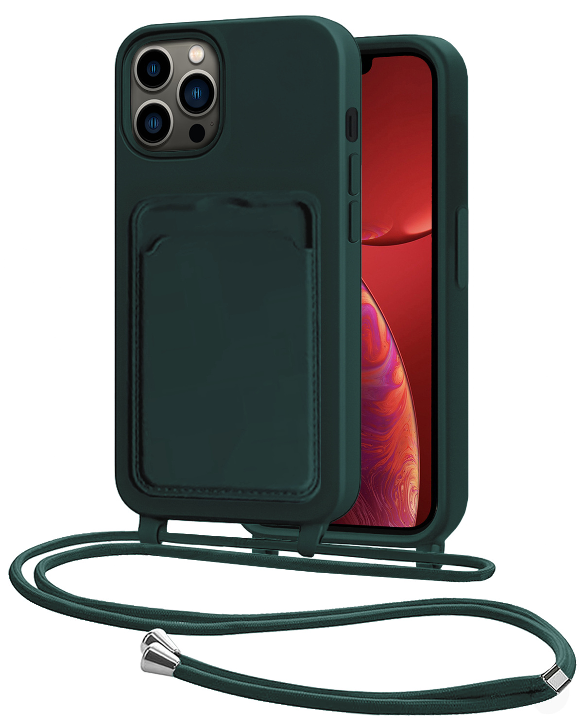 NoXx NoXx iPhone 13 Pro Max Hoesje Pashouder met Koord - Donkergroen