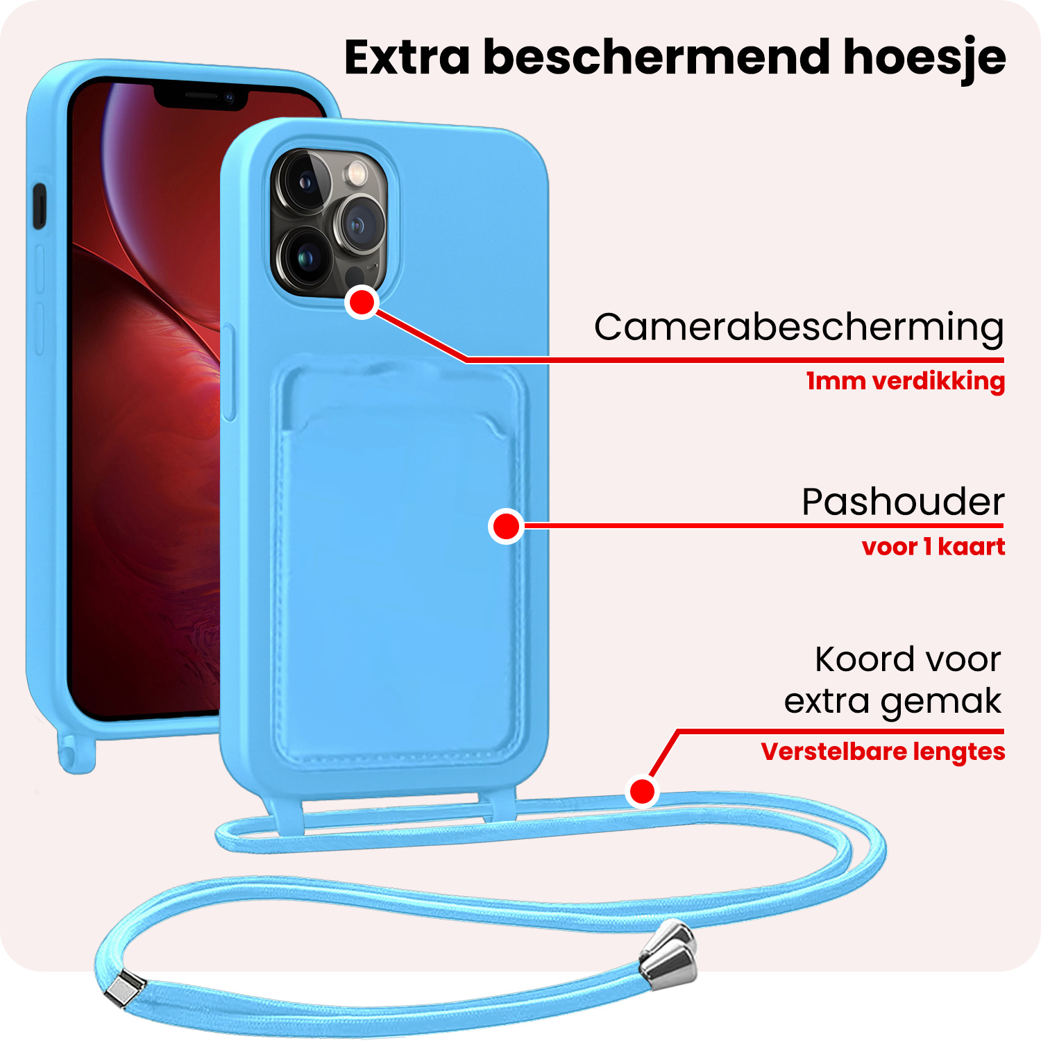 NoXx NoXx iPhone 13 Pro Max Hoesje Pashouder met Koord - Lichtblauw