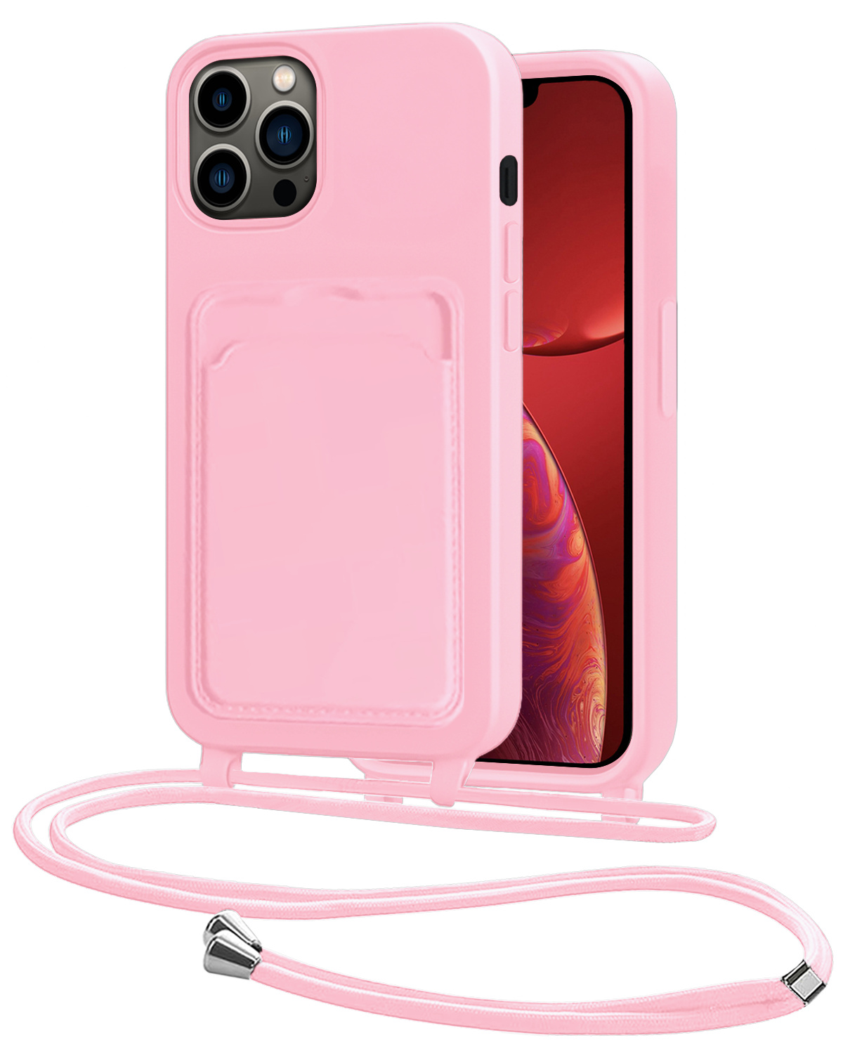NoXx NoXx iPhone 13 Pro Max Hoesje Pashouder met Koord - Lichtroze