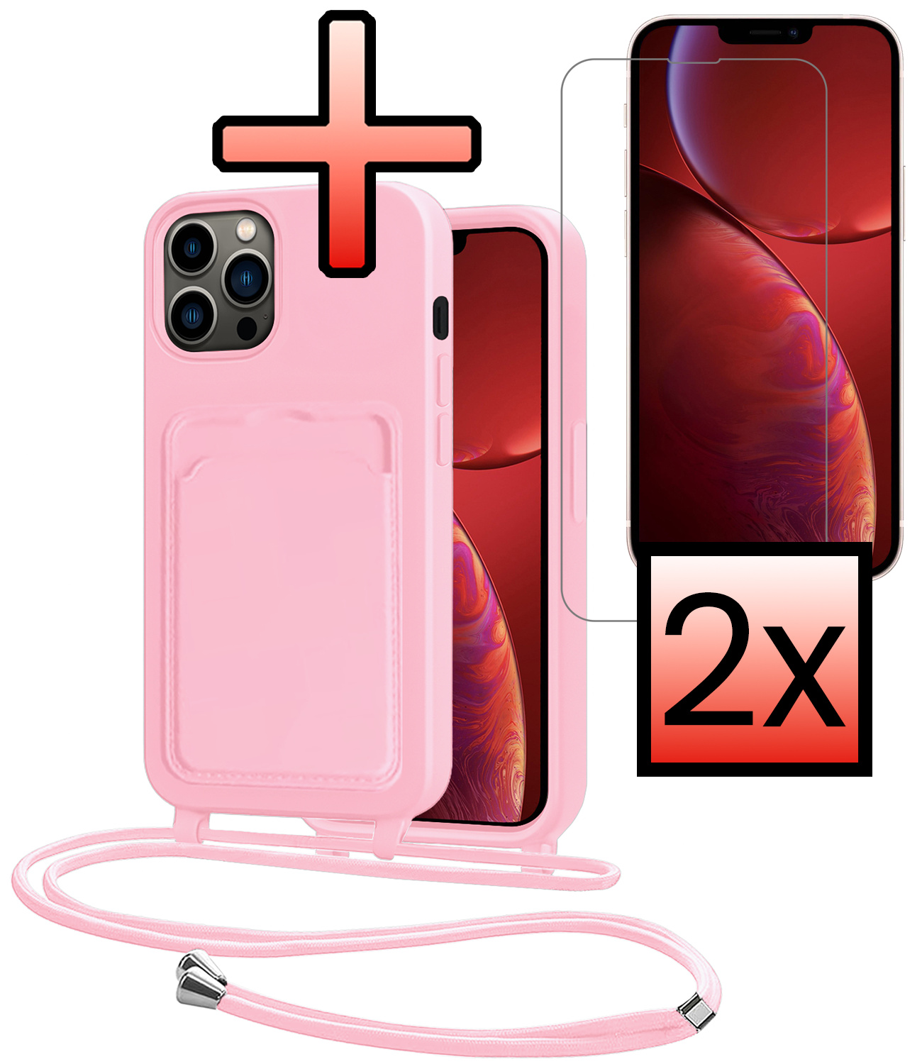 NoXx NoXx iPhone 13 Pro Max Hoesje Pashouder met Koord Met 2x Screenprotector - Lichtroze