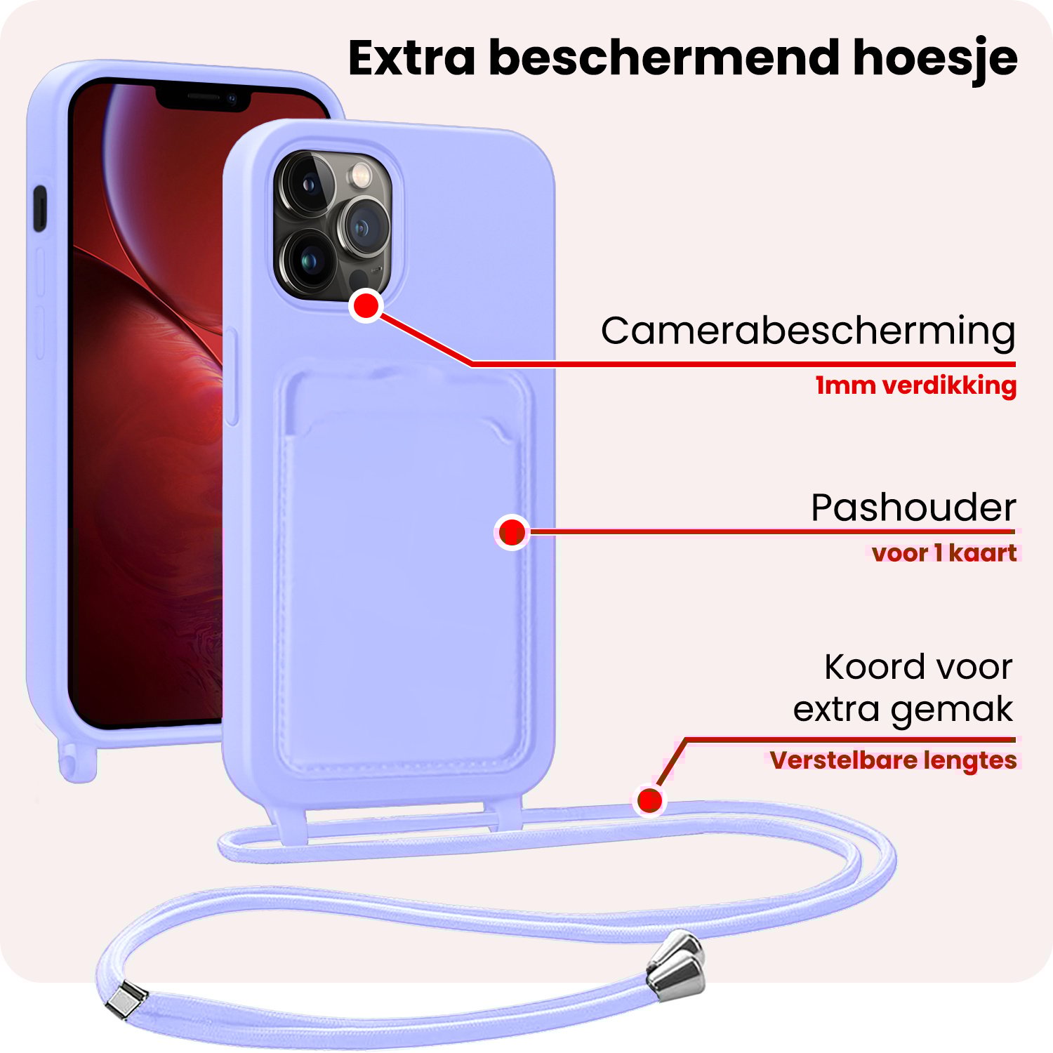 NoXx NoXx iPhone 13 Pro Max Hoesje Pashouder met Koord - Lila