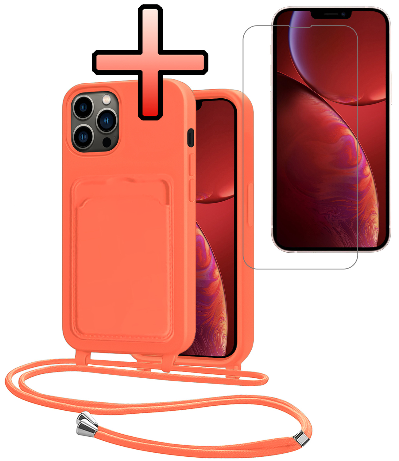 NoXx NoXx iPhone 13 Pro Max Hoesje Pashouder met Koord Met Screenprotector - Papaya