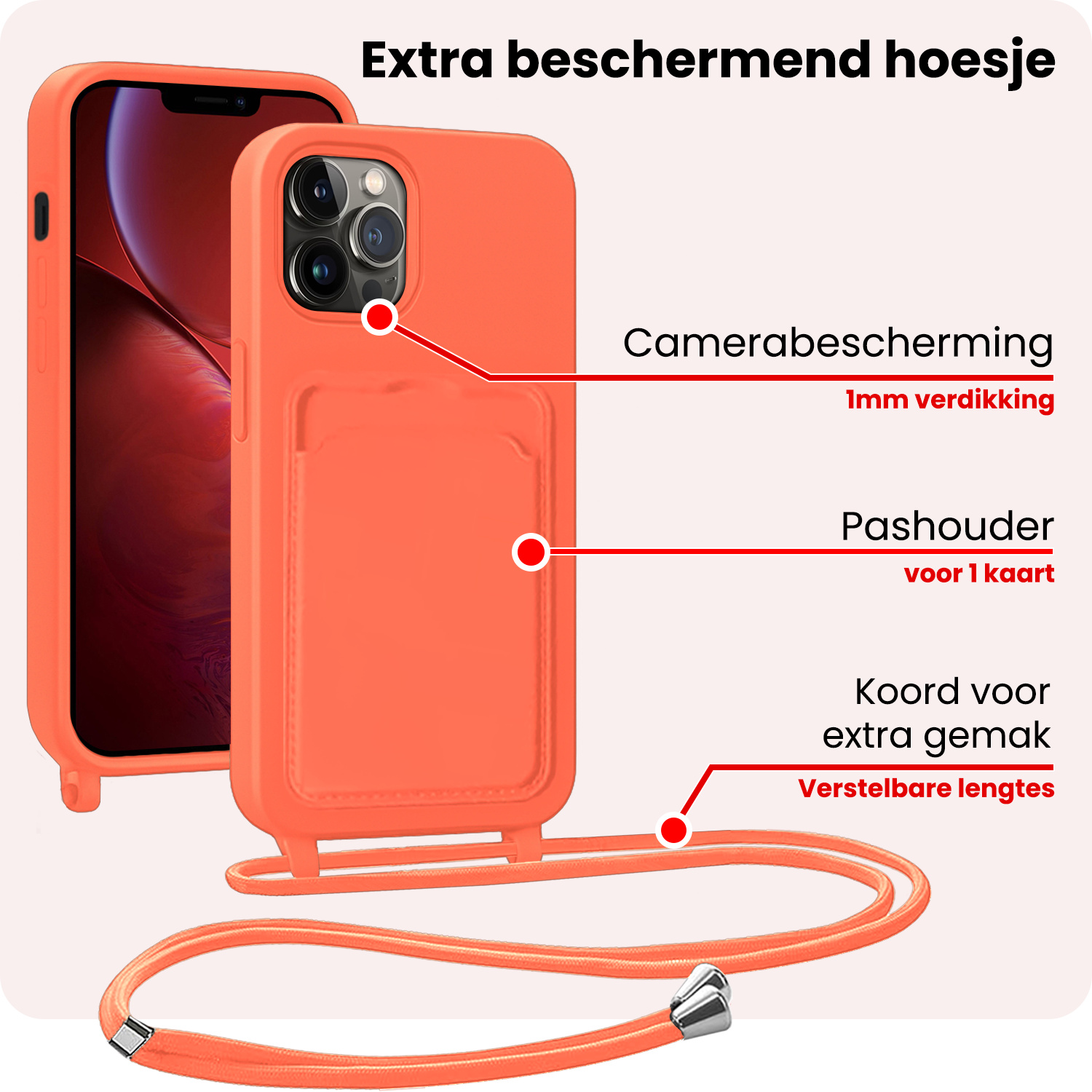 NoXx NoXx iPhone 13 Pro Max Hoesje Pashouder met Koord Met 2x Screenprotector - Papaya