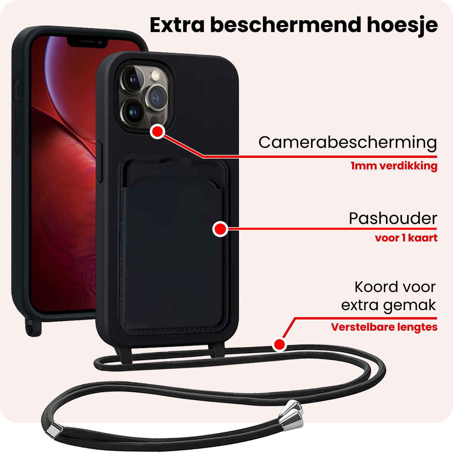 NoXx NoXx iPhone 13 Pro Max Hoesje Pashouder met Koord - Zwart