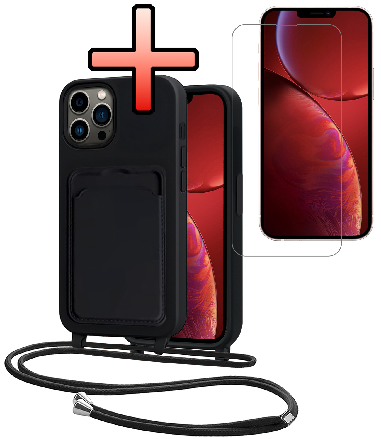 NoXx NoXx iPhone 13 Pro Max Hoesje Pashouder met Koord Met Screenprotector - Zwart