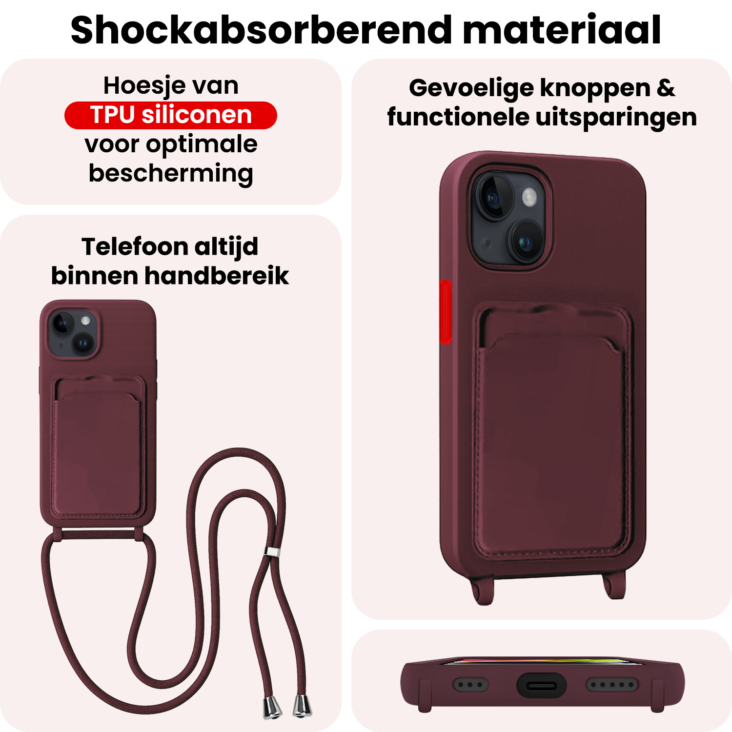 NoXx NoXx iPhone 14 Plus Hoesje Pashouder met Koord - Aubergine