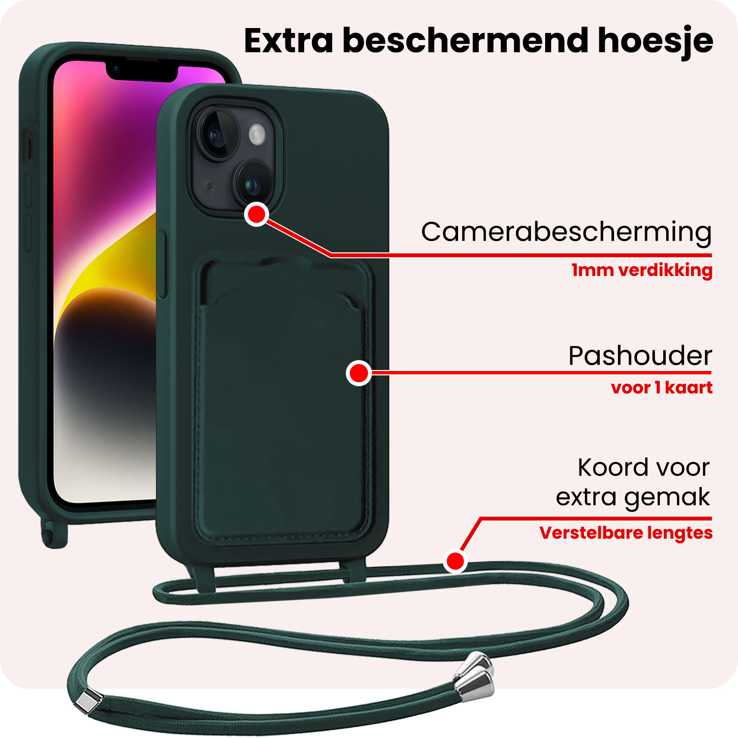 NoXx NoXx iPhone 14 Plus Hoesje Pashouder met Koord - Donkergroen