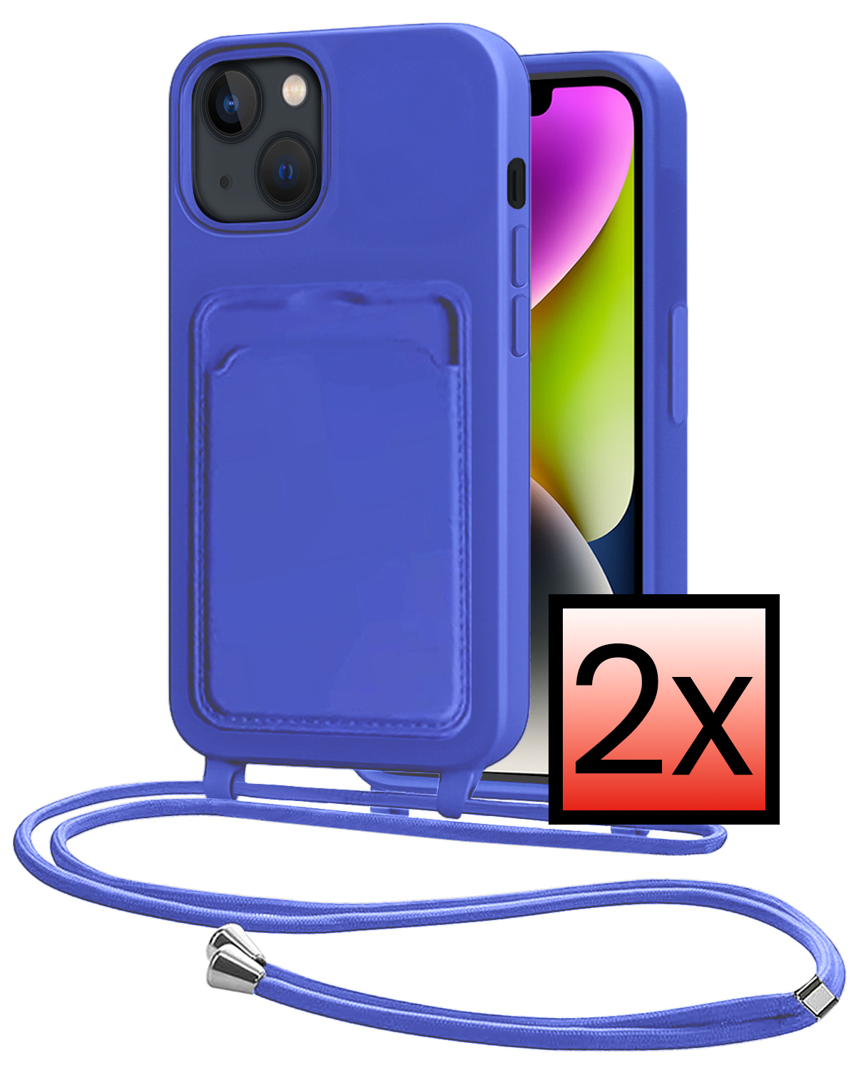 NoXx NoXx iPhone 14 Plus Hoesje Pashouder met Koord - Fel Blauw - 2 PACK