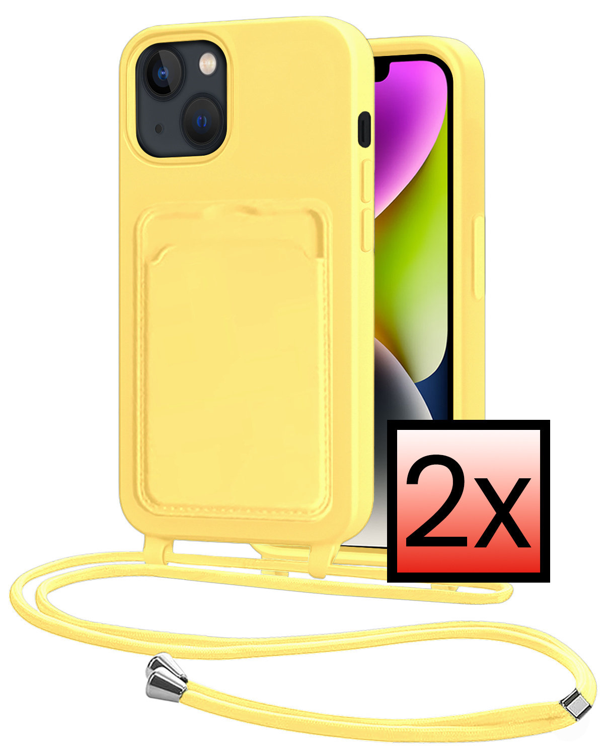 NoXx NoXx iPhone 14 Plus Hoesje Pashouder met Koord - Geel - 2 PACK
