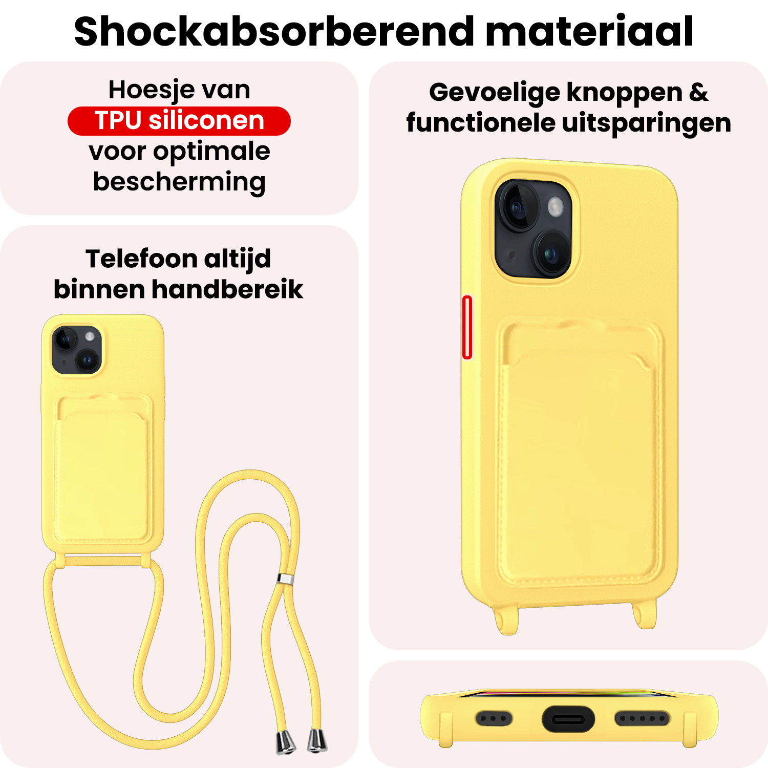 NoXx NoXx iPhone 14 Plus Hoesje Pashouder met Koord - Geel - 2 PACK