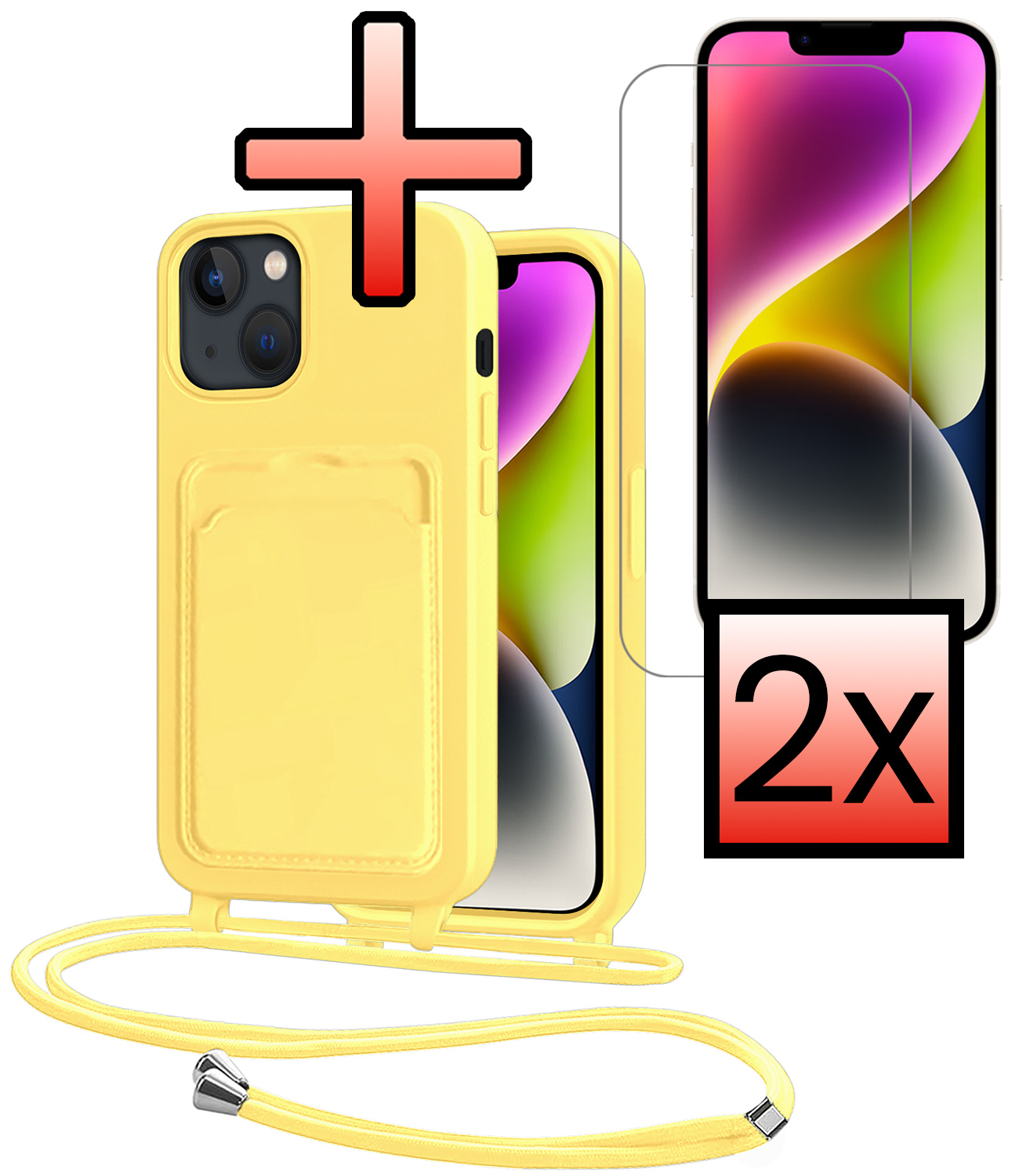 NoXx NoXx iPhone 14 Plus Hoesje Pashouder met Koord Met 2x Screenprotector - Geel