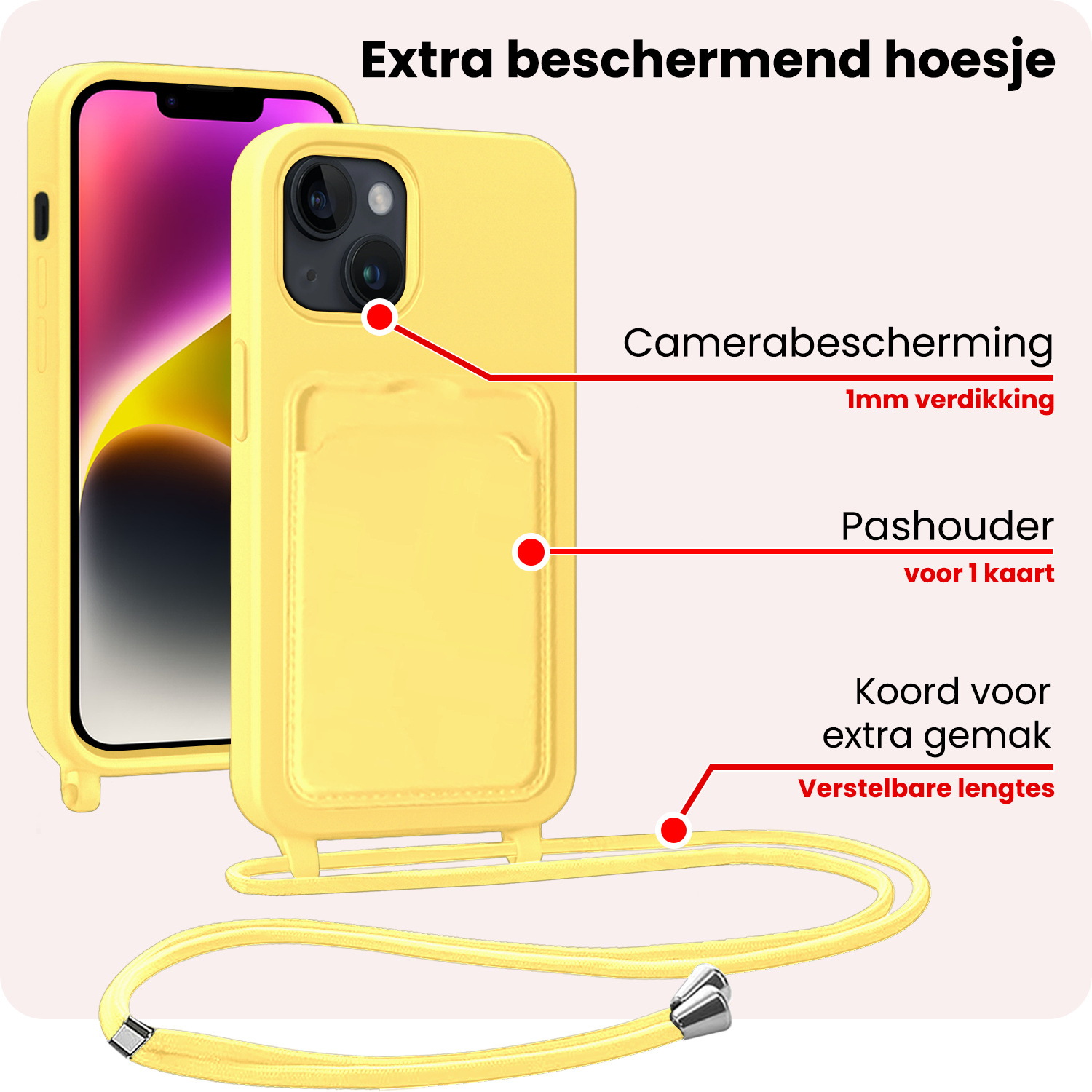 NoXx NoXx iPhone 14 Plus Hoesje Pashouder met Koord Met 2x Screenprotector - Geel