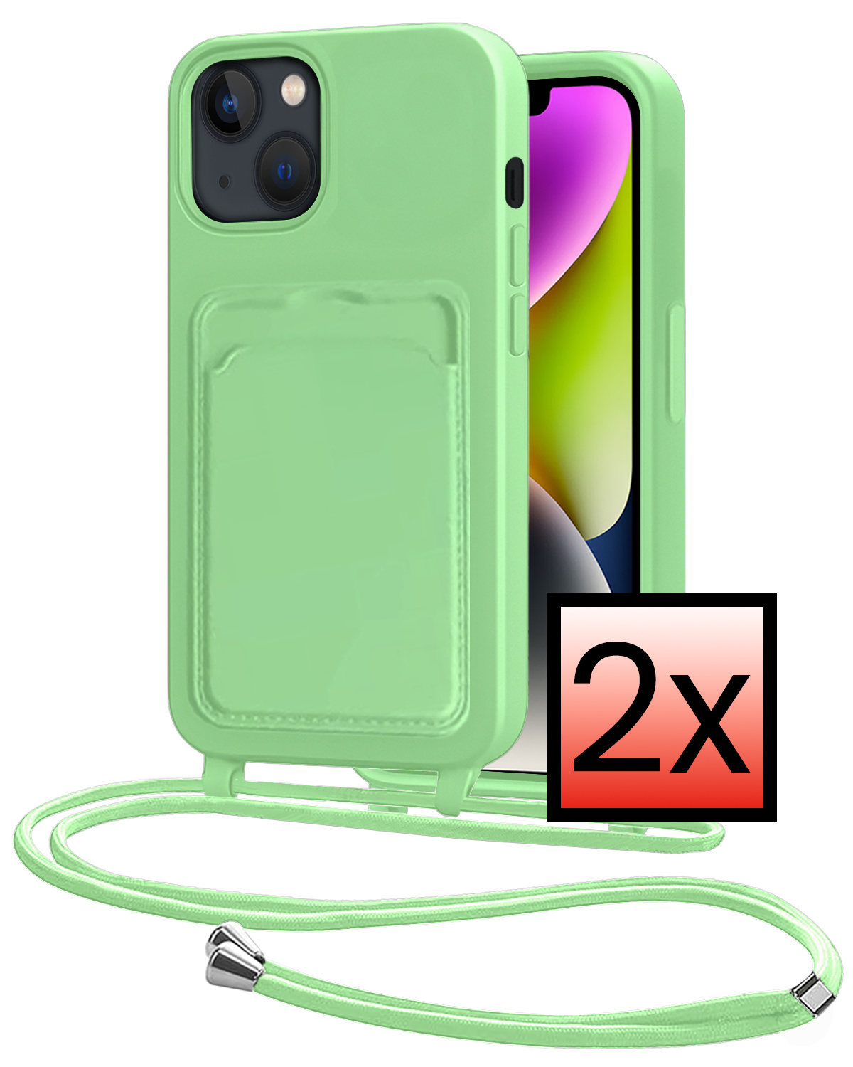 NoXx NoXx iPhone 14 Plus Hoesje Pashouder met Koord - Groen - 2 PACK