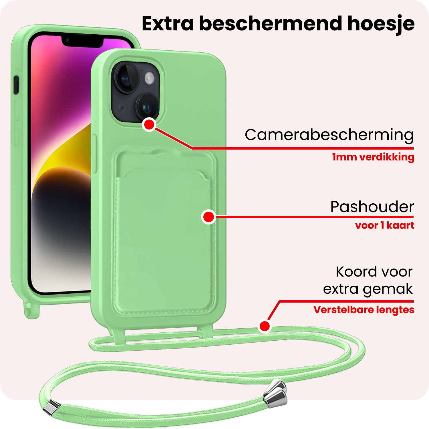 NoXx NoXx iPhone 14 Plus Hoesje Pashouder met Koord - Groen - 2 PACK