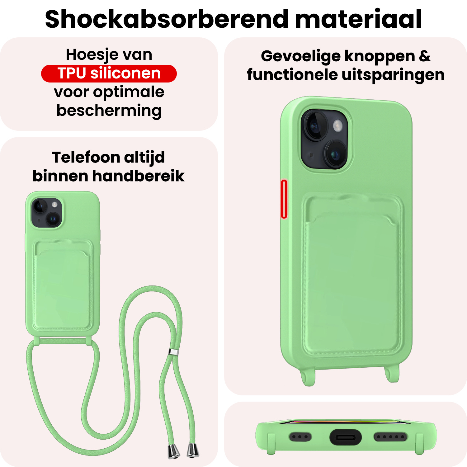 NoXx NoXx iPhone 14 Plus Hoesje Pashouder met Koord - Groen - 2 PACK