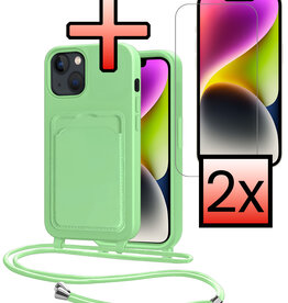 NoXx NoXx iPhone 14 Plus Hoesje Pashouder met Koord Met 2x Screenprotector - Groen