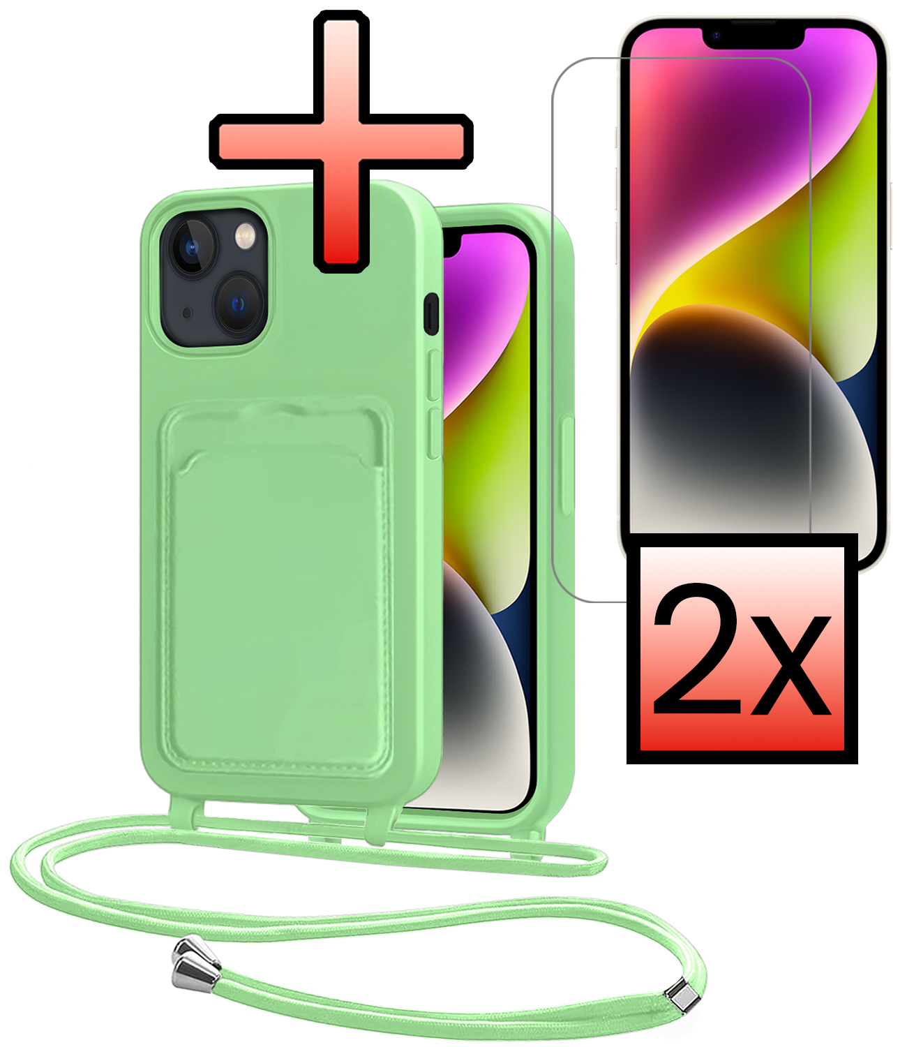 NoXx NoXx iPhone 14 Plus Hoesje Pashouder met Koord Met 2x Screenprotector - Groen