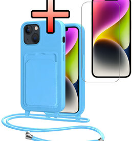 NoXx NoXx iPhone 14 Plus Hoesje Pashouder met Koord Met Screenprotector - Lichtblauw