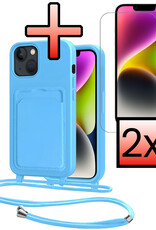 NoXx NoXx iPhone 14 Plus Hoesje Pashouder met Koord Met 2x Screenprotector - Lichtblauw