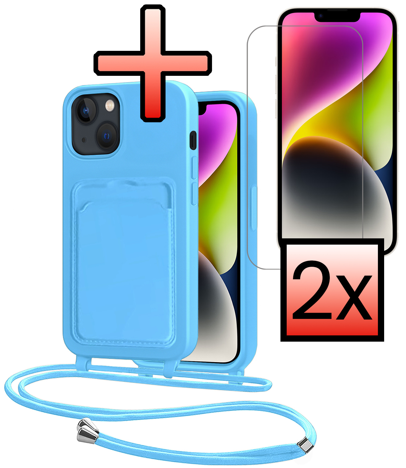 NoXx NoXx iPhone 14 Plus Hoesje Pashouder met Koord Met 2x Screenprotector - Lichtblauw