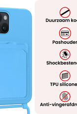 NoXx NoXx iPhone 14 Plus Hoesje Pashouder met Koord Met 2x Screenprotector - Lichtblauw