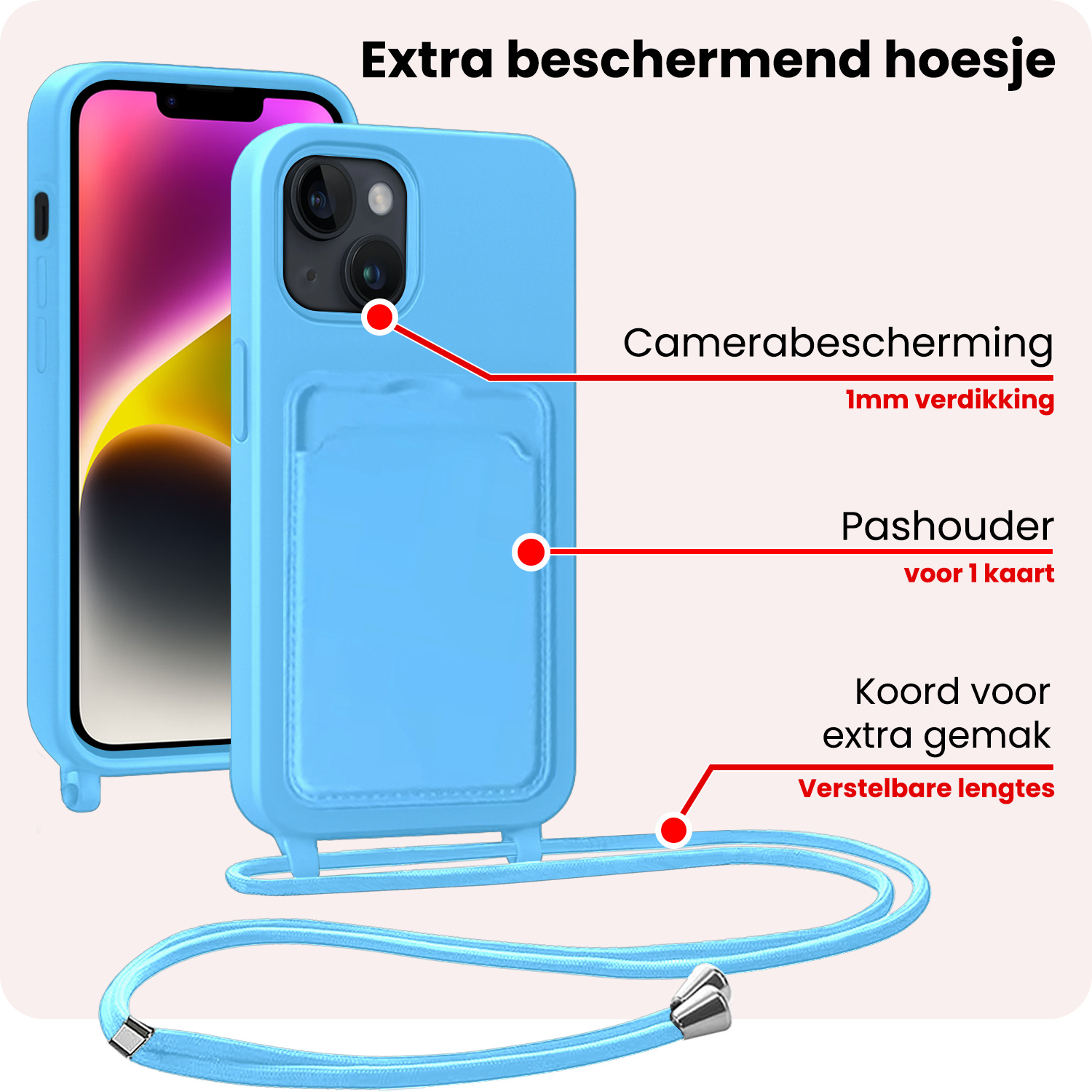 NoXx NoXx iPhone 14 Plus Hoesje Pashouder met Koord Met 2x Screenprotector - Lichtblauw