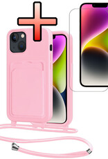NoXx NoXx iPhone 14 Plus Hoesje Pashouder met Koord Met Screenprotector - Lichtroze