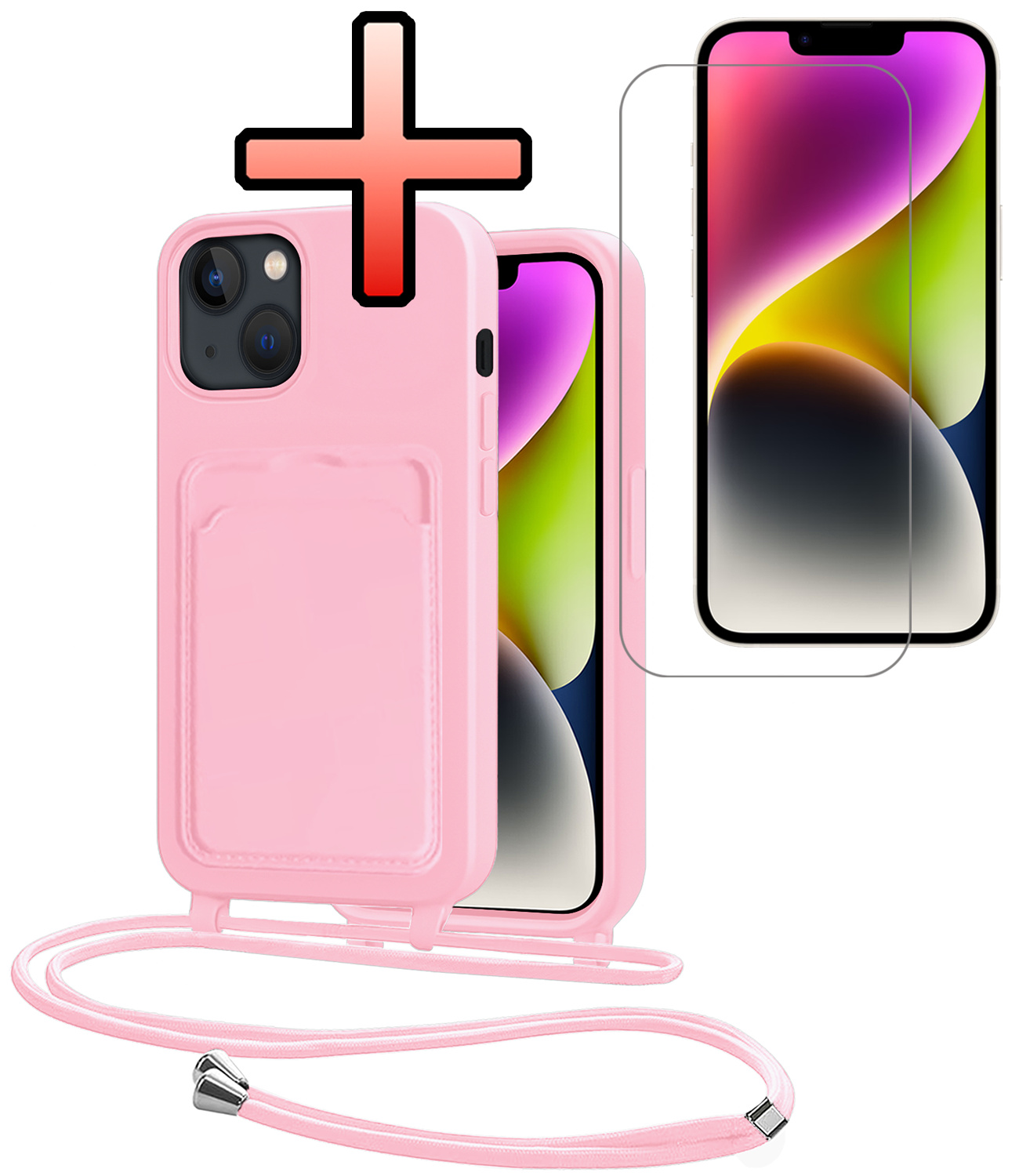 NoXx NoXx iPhone 14 Plus Hoesje Pashouder met Koord Met Screenprotector - Lichtroze