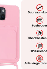 NoXx NoXx iPhone 14 Plus Hoesje Pashouder met Koord Met Screenprotector - Lichtroze