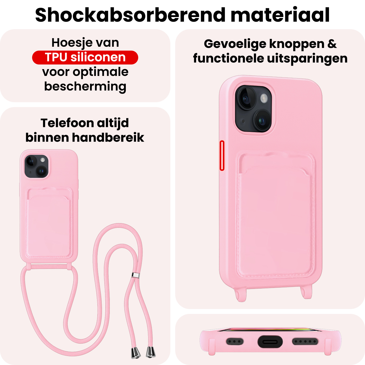 NoXx NoXx iPhone 14 Plus Hoesje Pashouder met Koord Met Screenprotector - Lichtroze