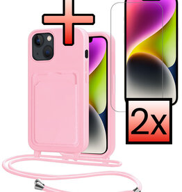 NoXx NoXx iPhone 14 Plus Hoesje Pashouder met Koord Met 2x Screenprotector - Lichtroze