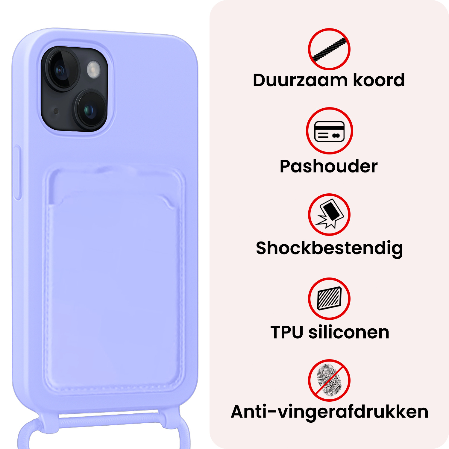 NoXx NoXx iPhone 14 Plus Hoesje Pashouder met Koord Met Screenprotector - Lila