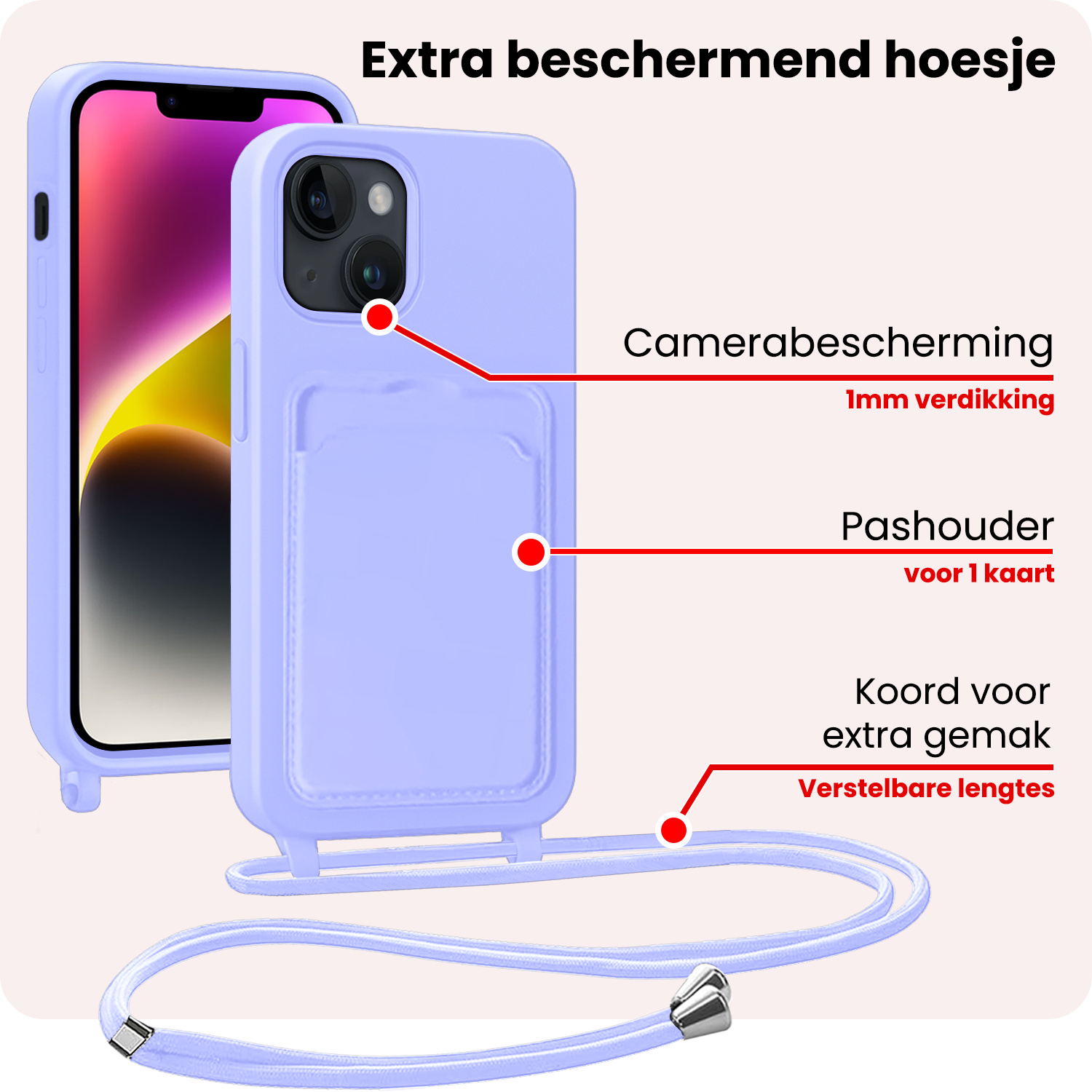 NoXx NoXx iPhone 14 Plus Hoesje Pashouder met Koord Met Screenprotector - Lila