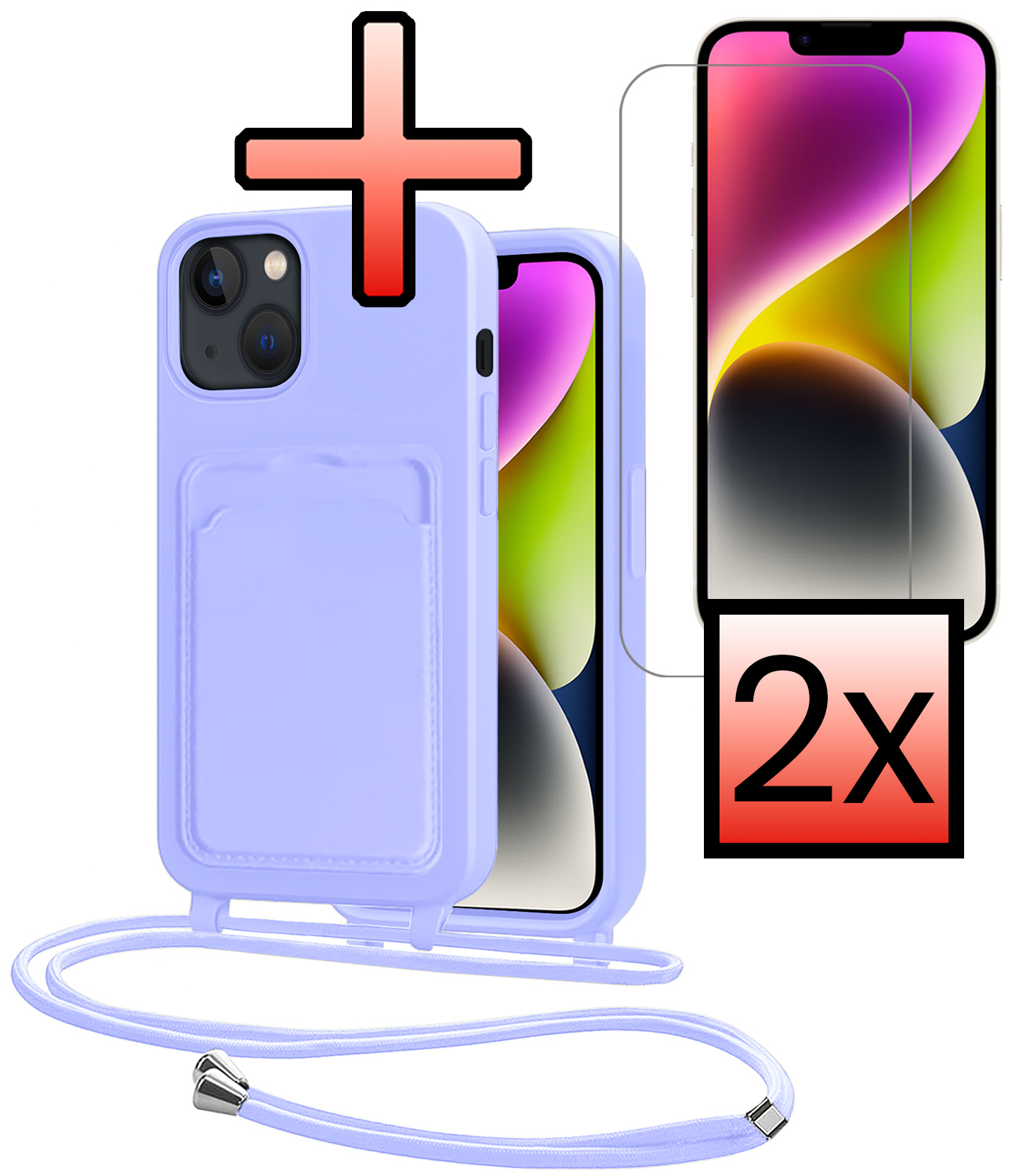 NoXx NoXx iPhone 14 Plus Hoesje Pashouder met Koord Met 2x Screenprotector - Lila
