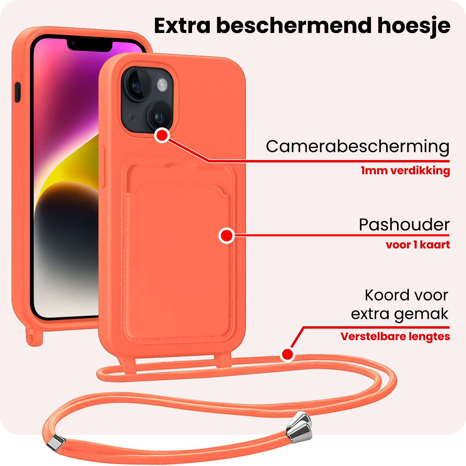 NoXx NoXx iPhone 14 Plus Hoesje Pashouder met Koord - Papaya