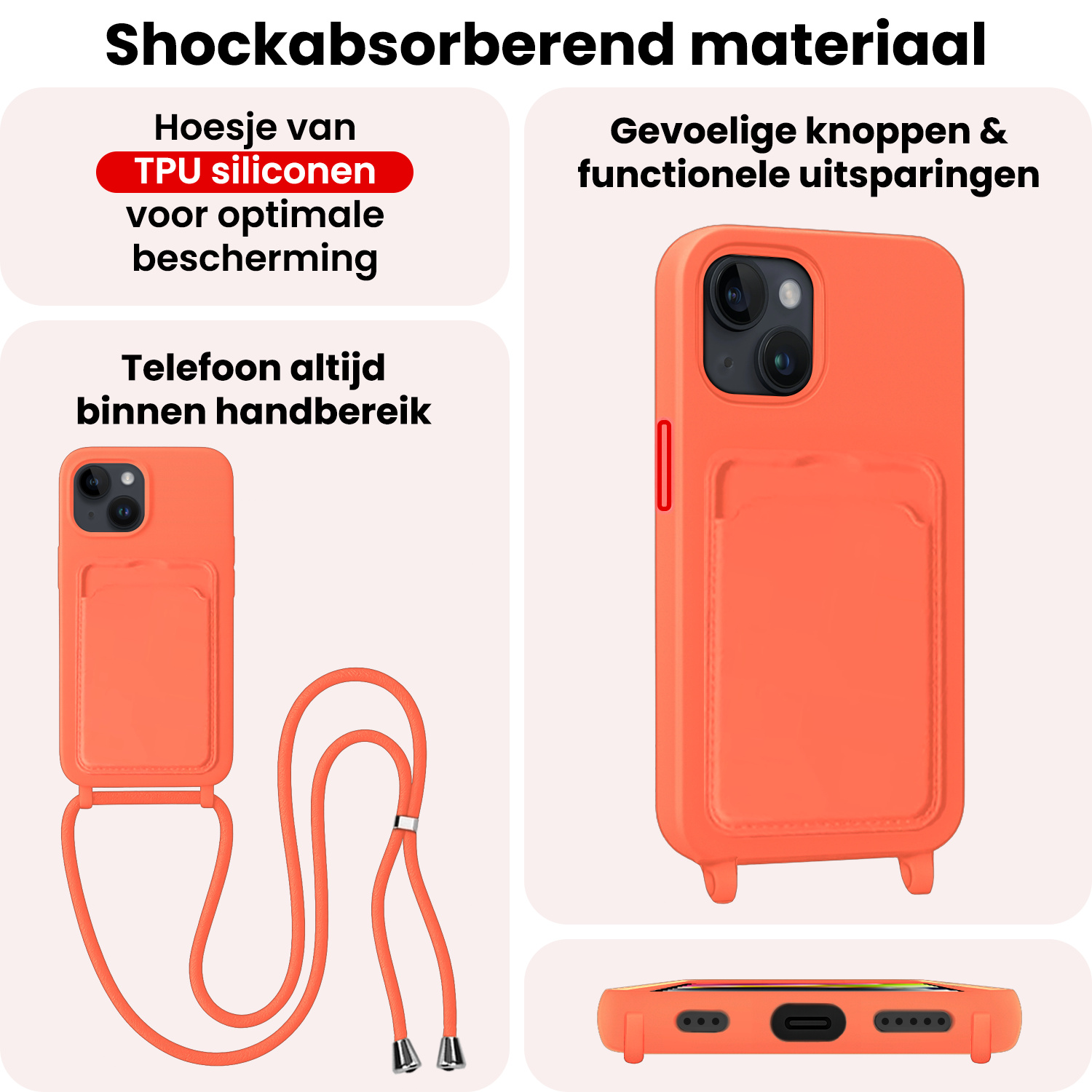 NoXx NoXx iPhone 14 Plus Hoesje Pashouder met Koord - Papaya - 2 PACK