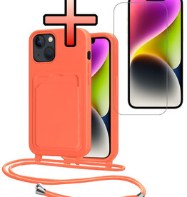 NoXx NoXx iPhone 14 Plus Hoesje Pashouder met Koord Met Screenprotector - Papaya