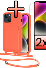 NoXx NoXx iPhone 14 Plus Hoesje Pashouder met Koord Met 2x Screenprotector - Papaya