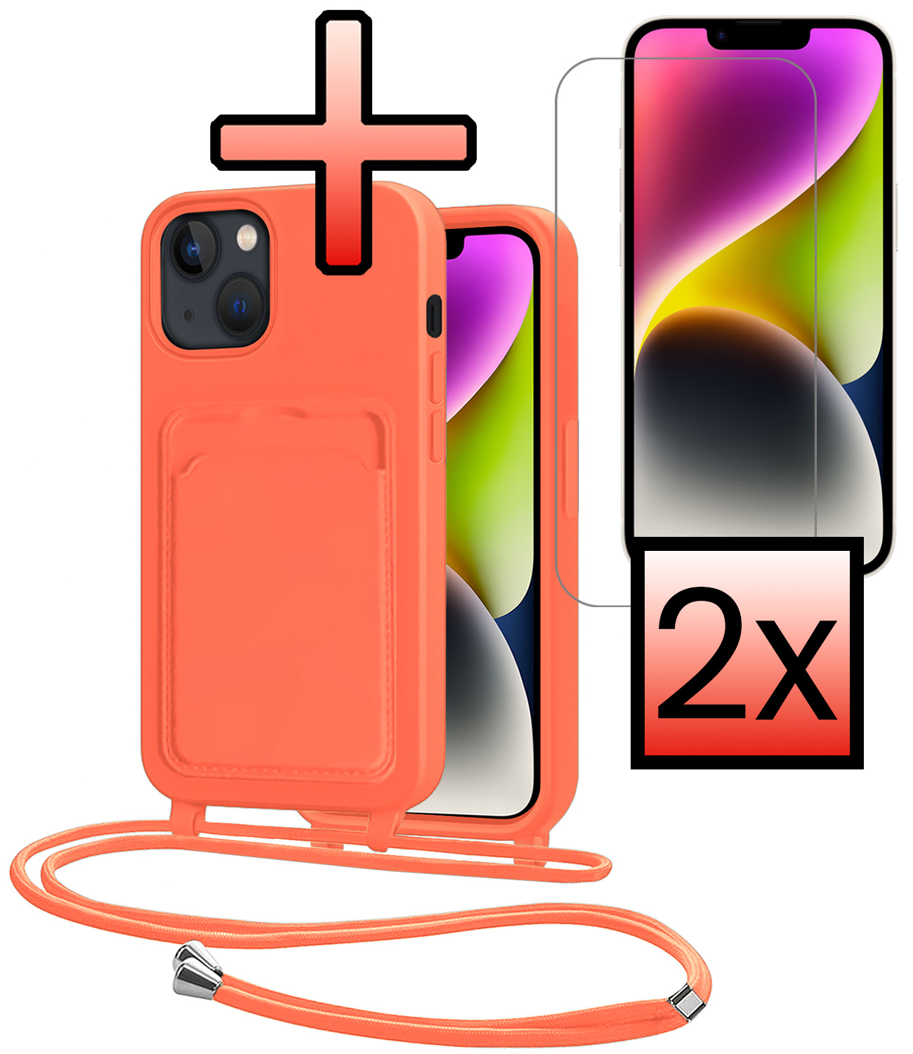 NoXx NoXx iPhone 14 Plus Hoesje Pashouder met Koord Met 2x Screenprotector - Papaya