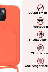 NoXx NoXx iPhone 14 Plus Hoesje Pashouder met Koord Met 2x Screenprotector - Papaya