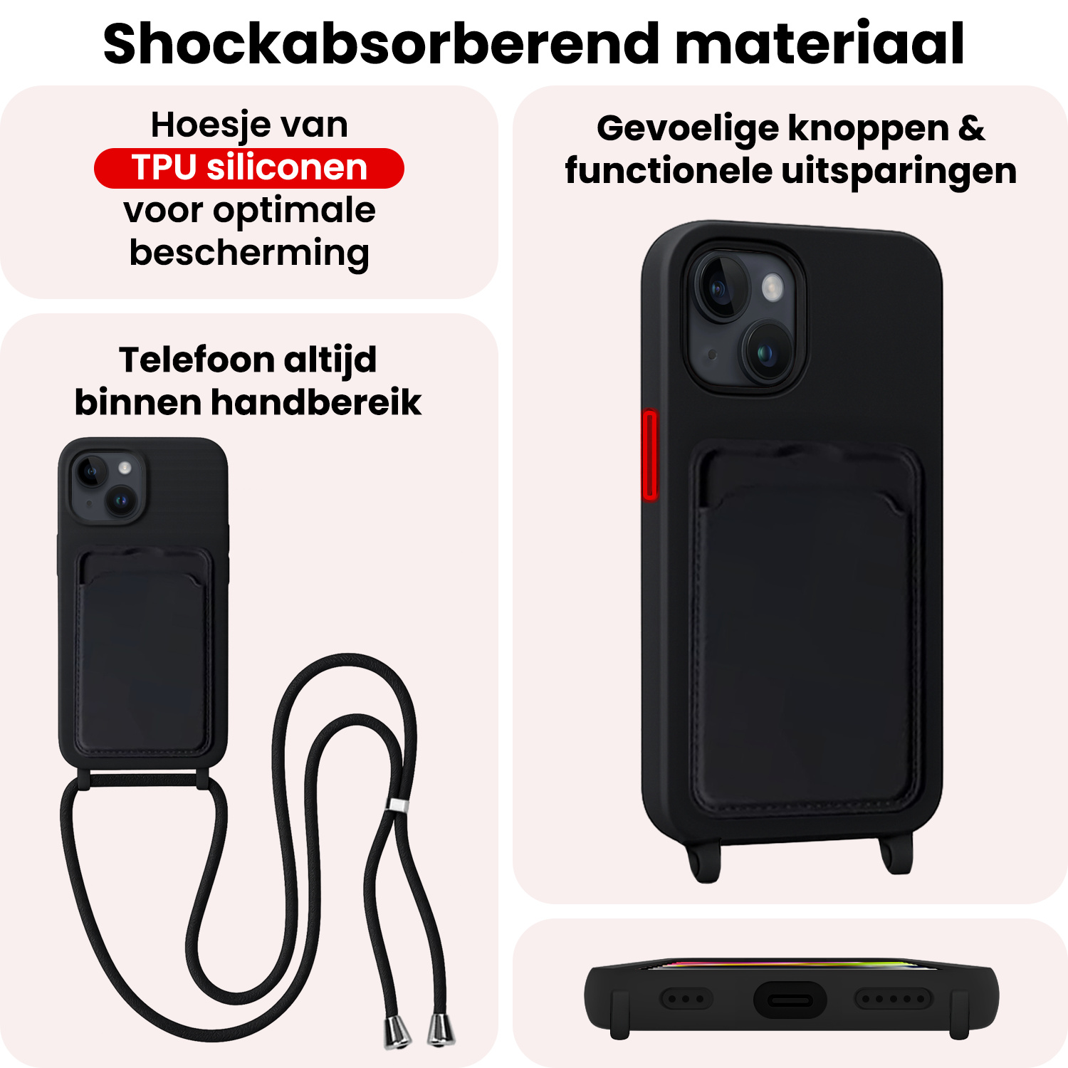 NoXx NoXx iPhone 14 Plus Hoesje Pashouder met Koord Met Screenprotector - Zwart