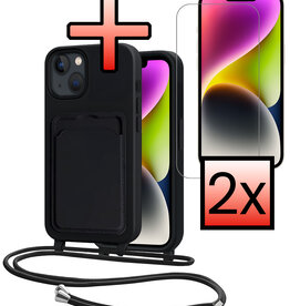 NoXx NoXx iPhone 14 Plus Hoesje Pashouder met Koord Met 2x Screenprotector - Zwart