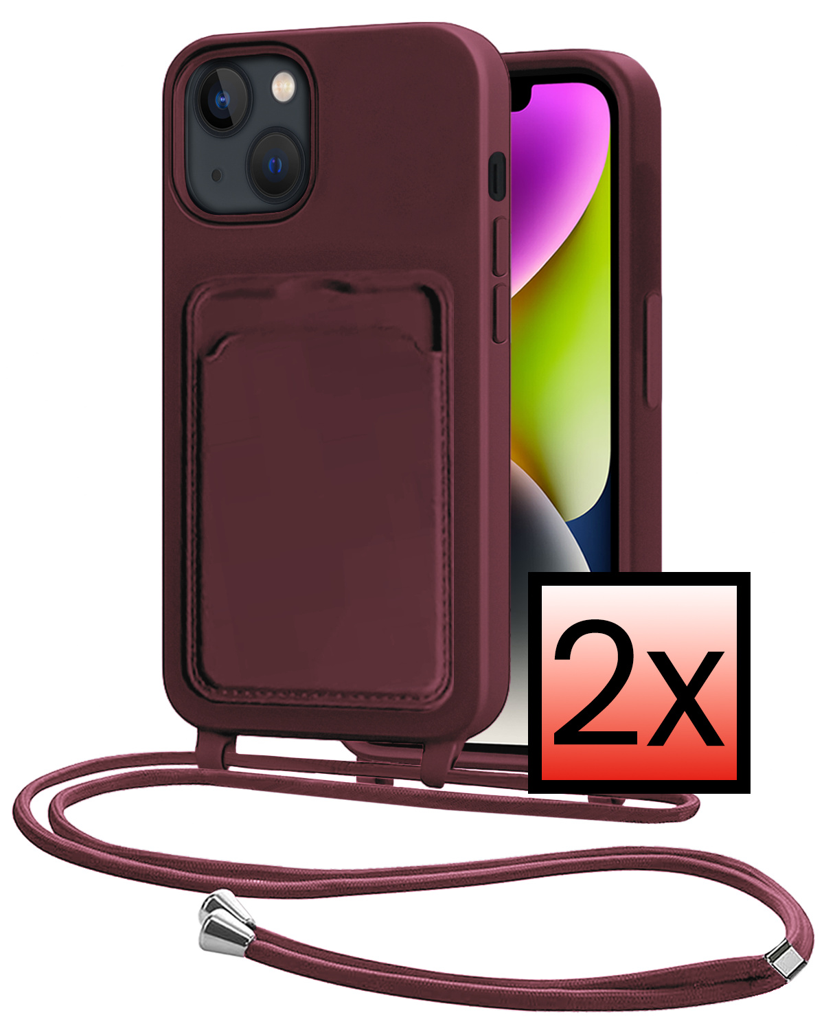 NoXx NoXx iPhone 14 Hoesje Pashouder met Koord - Aubergine - 2 PACK