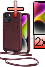 NoXx NoXx iPhone 14 Hoesje Pashouder met Koord Met 2x Screenprotector - Aubergine